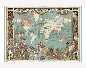 Extent of the British Empire in 1886; Antique Map -  Teak Wood Magnetic Hanger Frame Optional