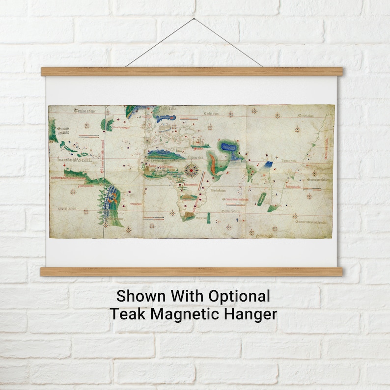 May include: A vintage world map print with a faded, antique look. The map is drawn in a style reminiscent of early cartography, with handwritten text and colorful markings. The map is framed and ready to hang.