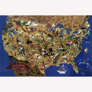 May include: A vintage map of the United States, illustrated with colorful figures and scenes representing American folklore. The map features text that reads "William Gropper's America Its Folklore" and is set against a blue background.