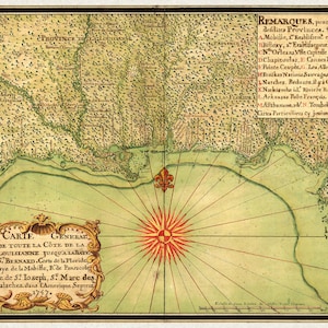 Antique French Map of the US Gulf Coast with Province de la Lousianne, 1747 -  Teak Wood Magnetic Hanger Frame Optional