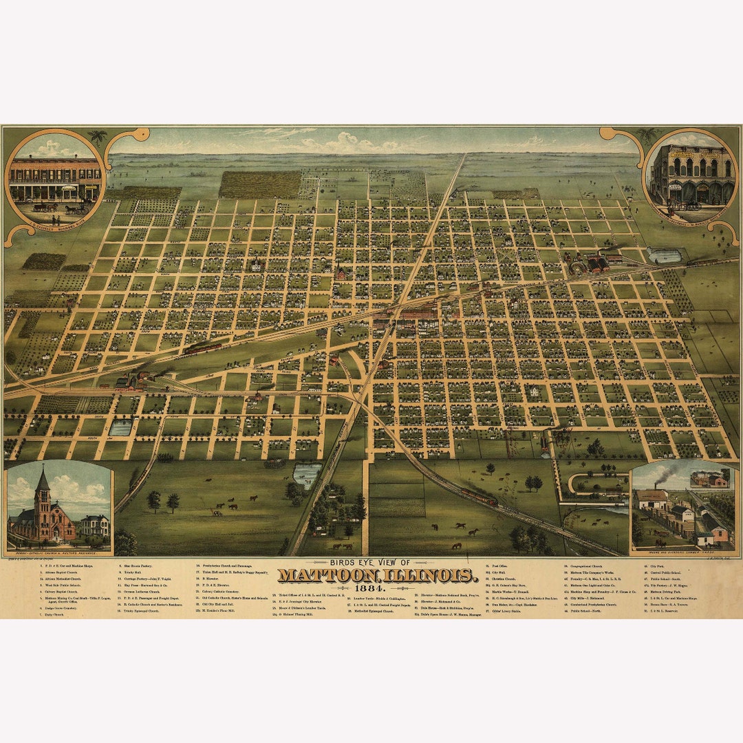 Map of Mattoon Illinois 1884 Antique Birdseye Map Custom Etsy