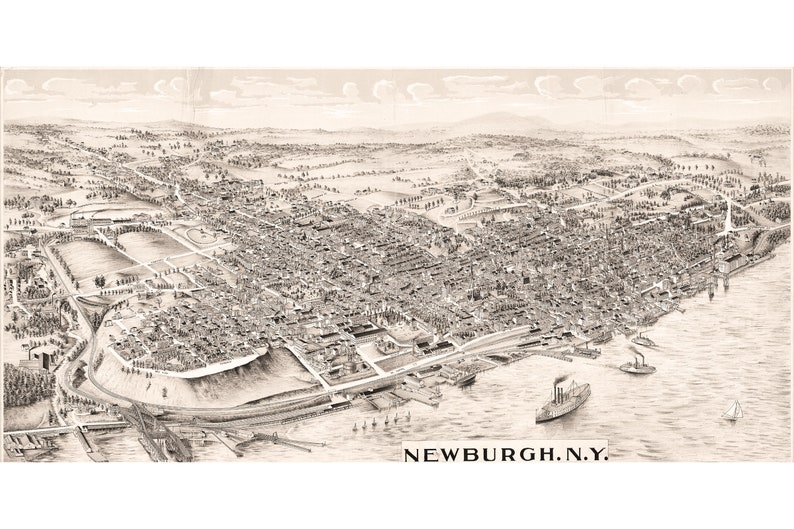 Antique Birdseye Map; 1900 Newburgh NY