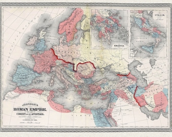 Imperio romano en la época de Cristo, Mapa antiguo de Johnson, 1870 - Marco de suspensión magnética de madera de teca opcional