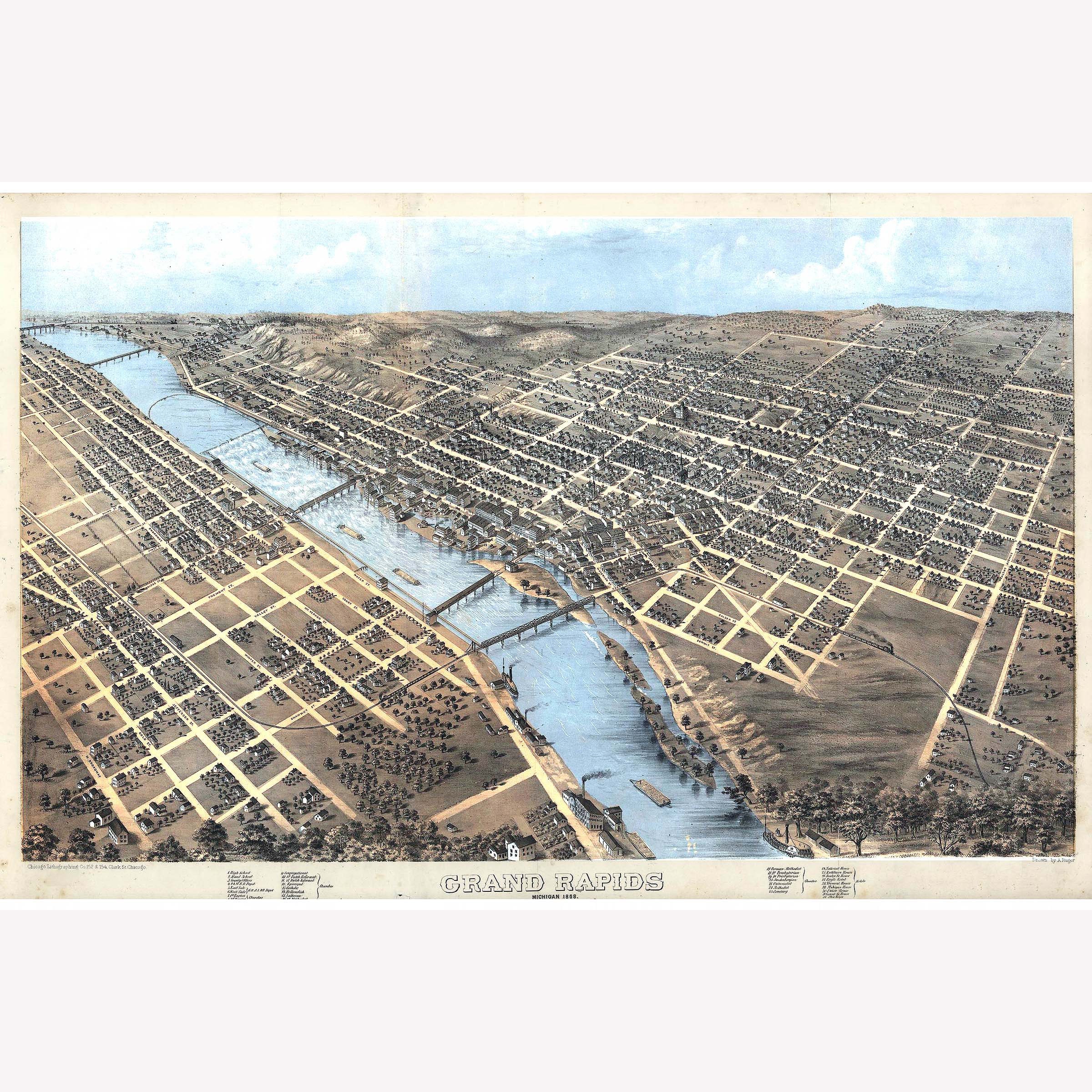 Map of Grand Rapids Michigan; Antique Map; Historical Pictorial Map 1868 -  Teak Wood Magnetic Hanger Frame Optional