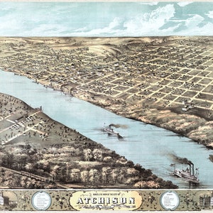May include: An antique bird's-eye view map of Atchison, Kansas, showing the city's layout and the Missouri River winding through it. The map is printed in shades of brown, green, and blue, with a decorative border featuring a banner with the city's name.
