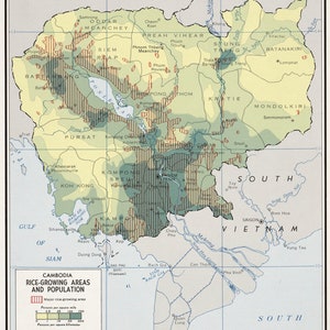 May include: A map of Cambodia showing rice-growing areas and population density. The map is divided into provinces with their names labeled. The map also shows major rivers and the Gulf of Siam.