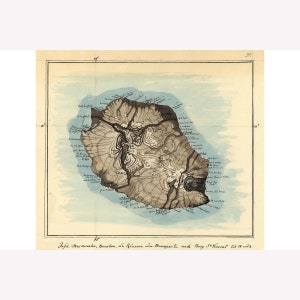 Map of La Reunion Island by Marcellin 1802; Antique Map Custom Printed to Order -  Teak Wood Magnetic Hanger Frame Optional