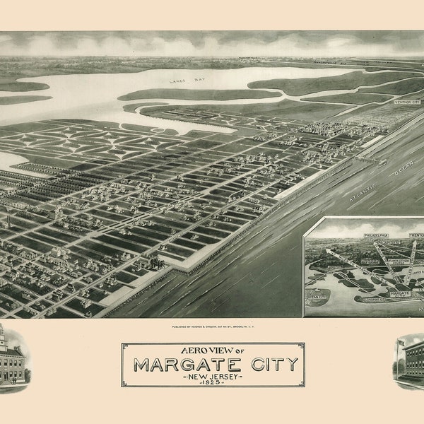 Map of Margate City, New Jersey 1925; Antique Birdseye Map -  Teak Wood Magnetic Hanger Frame Optional