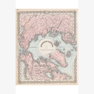 Northern Regions Map by J.H. Colton, 1872 - Polar View of Arctic North Pole - Teak Wood Magnetic Hanger Frame Optional