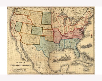 Civil War Military Map of US with Posts, Arsenals, Navy Yards; 1861 -  Teak Wood Magnetic Hanger Frame Optional