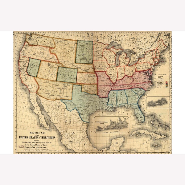 Civil War Military Map of US with Posts, Arsenals, Navy Yards; 1861 -  Teak Wood Magnetic Hanger Frame Optional