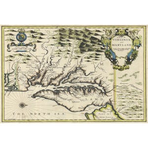May include: An antique-style map of Virginia and Maryland featuring detailed topography, rivers, and coastlines. The map includes a decorative cartouche with the text A MAP OF VIRGINIA AND MARYLAND, a compass rose, and a royal crest in the upper left corner.