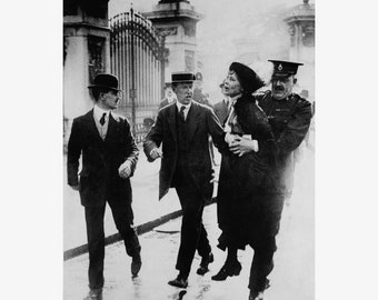 Emmeline Pankhurst Being Arrested in Front of Buckingham Palace, 1914 - Teak Wood Magnetic Hanger Frame Optional