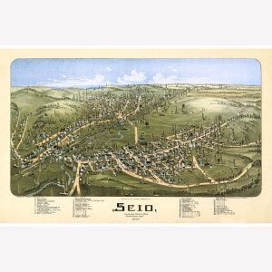 May include: An antique bird's-eye view map of Scio, Harrison County, Ohio, from 1889. The map shows the town's layout with streets, buildings, and oil derricks. The map is printed in a vintage style with a light blue sky and green hills.