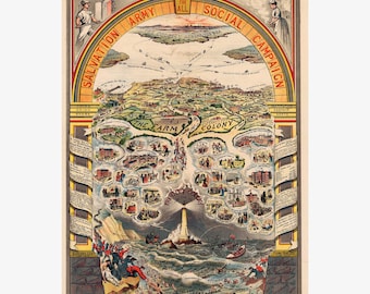 Salvation Army In Darkest England & The Way Out Antique Map, 1890 - Teak Wood Magnetic Hanger Frame Optional