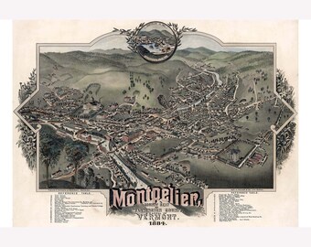 Map of Montpelier, Vermont by Poole; 1884; Antique Birdseye Map -  Teak Wood Magnetic Hanger Frame Optional