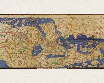 Muhammad al Idrisi Map of The Tabula Rogeriana; 1154 Reproduction -  Teak Wood Magnetic Hanger Frame Optional