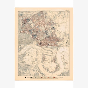 London; Map Descriptive of Poverty; Antique Map; 1898-1899 - Teak Wood Magnetic Hanger Frame Optional