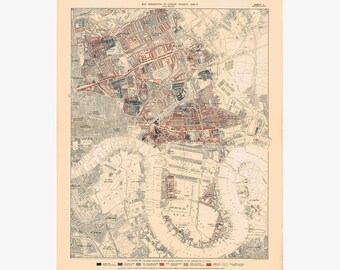 Londres; Carte descriptive de la pauvreté ; Carte antique ; 1898-1899 - Cadre de suspension magnétique en bois de teck en option