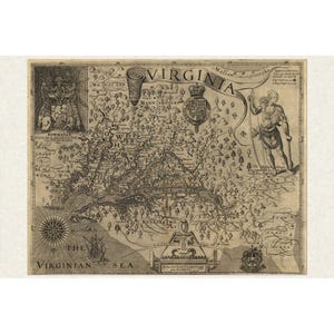 May include: A historical map of Virginia featuring intricate black ink illustrations on a parchment-colored background. It depicts the region with geographical details, a compass rose, a royal crest, a figure of Powhatan, and a native inhabitant.