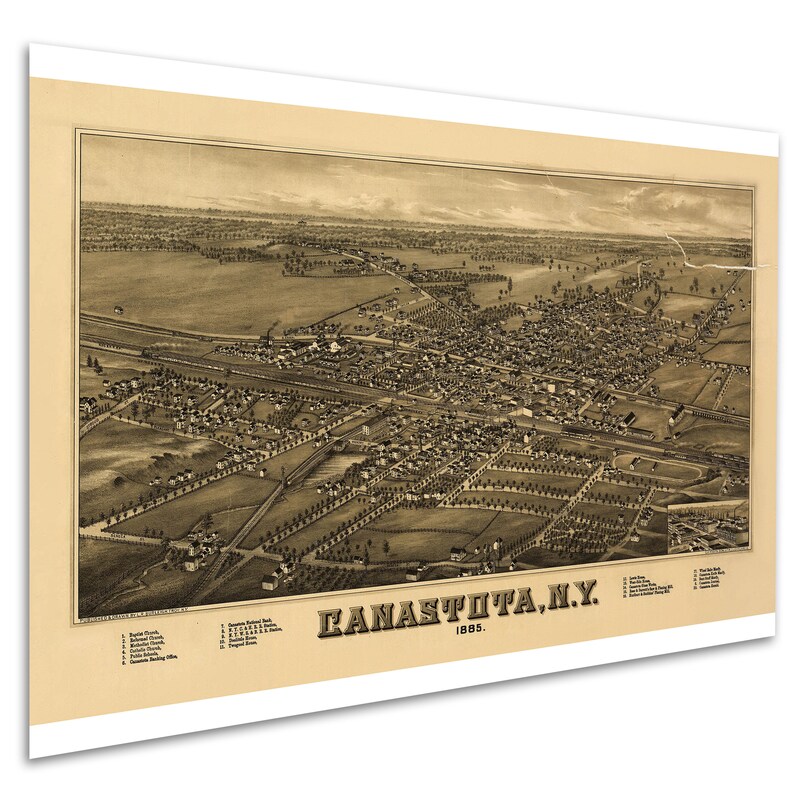 Canastota New York 1885 Antique Birdseye Map Teak Wood Etsy