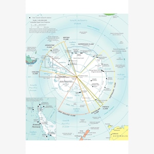 May include: A map of Antarctica showing the territorial claims of different countries. The map is centered on the South Pole and shows the surrounding oceans and continents. The map is in a blue and white color scheme with yellow lines indicating the territorial claims.