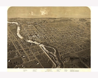 Map of Niles, Michigan 1868; Antique Birdseye Map; Custom Printed -  Teak Wood Magnetic Hanger Frame Optional