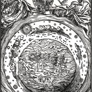 Woodcut from Luther&#39;s Bible of 1545 Genesis, In the Beginning God Made Heaven & Earth - Teak Wood Magnetic Hanger Frame Optional