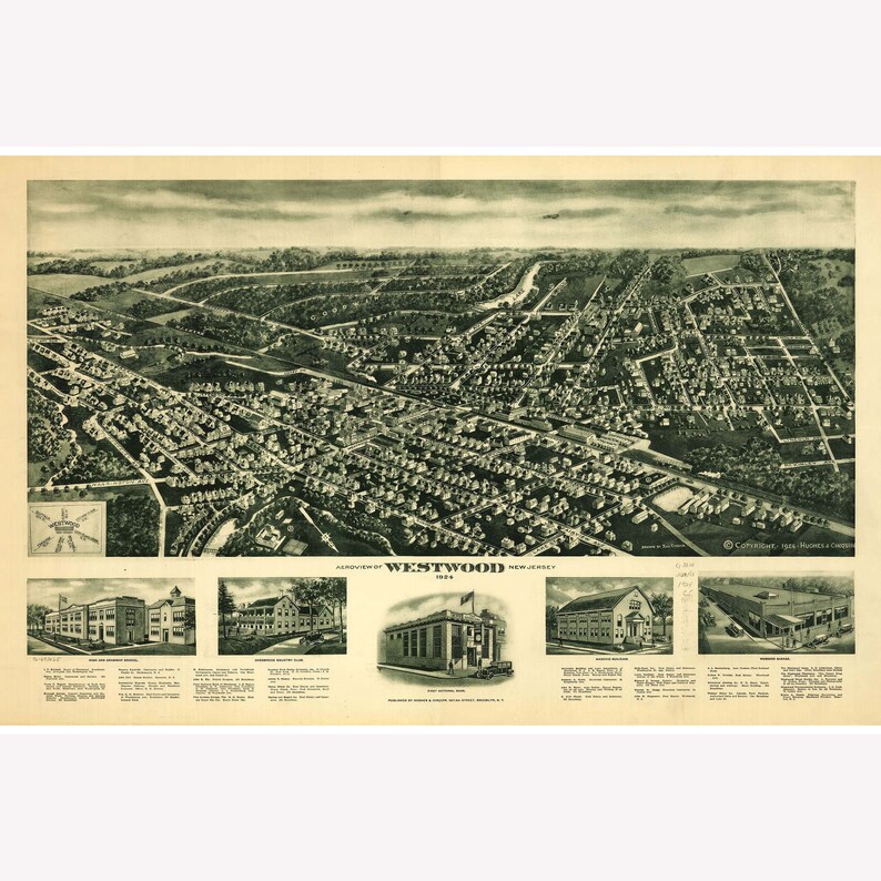 Westwood New Jersey Antique Birdseye Map 1924 Teak Wood Etsy