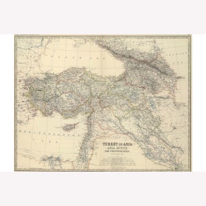 May include: A vintage map of Turkey in Asia, Asia Minor, and Transcaucasia. The map is printed in black and white with red, blue, and green accents. The map shows the geographical features of the region, including rivers, mountains, and cities.
