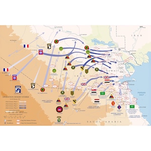 May include: A military map titled Operation Desert Storm 24-28 February 1991, illustrating troop movements across Iraq, Kuwait, and Saudi Arabia. The map features various unit insignias, national flags, and blue arrows indicating four phases of advance.