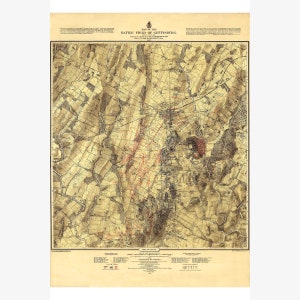 Gettysburg Battlefield 3rd Day, 1863; HIstoric Map; Army Engineers 1876; 3 of 3 - Teak Wood Magnetic Hanger Frame Optional