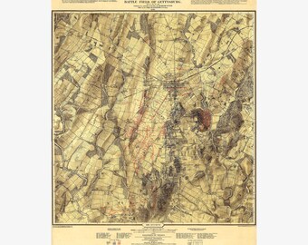 Gettysburg Battlefield 3rd Day, 1863; HIstoric Map; Army Engineers 1876; 3 of 3 - Teak Wood Magnetic Hanger Frame Optional