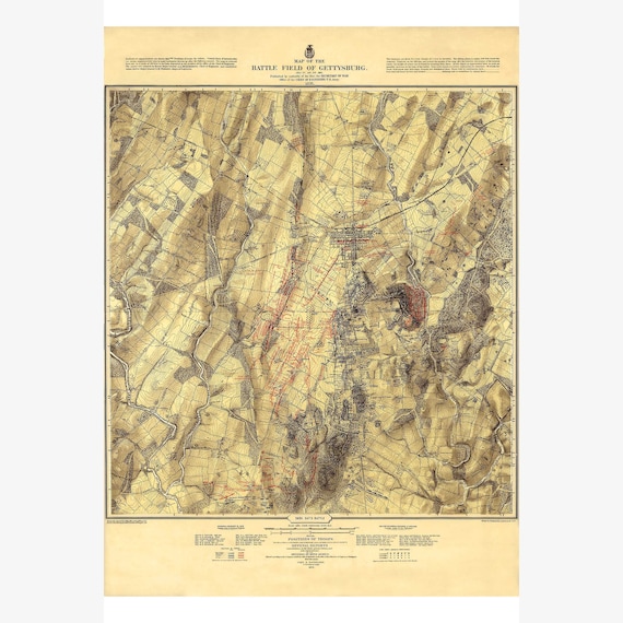 3e jour du champ de bataille de Gettysburg, 1863 Carte historique Génie de  l'armée 1876 3 sur 3 Cadre de suspension magnétique en bois de teck en  option -  France