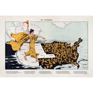 May include: A vintage political cartoon titled "The Awakening" depicts a woman in a flowing yellow gown holding a torch, leading figures out of a map of the United States. The map is filled with dark figures, with text at the bottom.