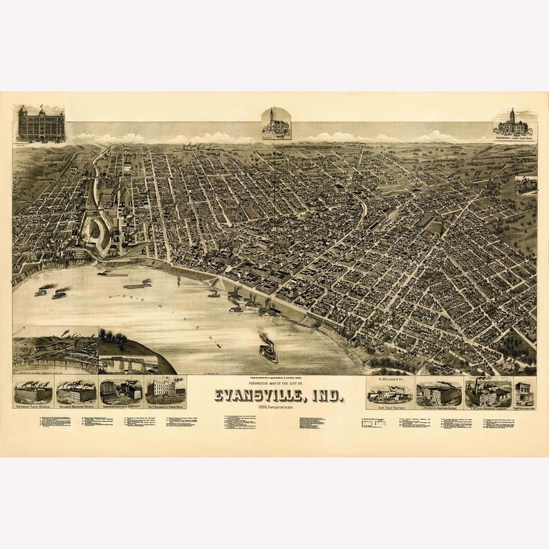 Map of Evansville Indiana Antique Map Pictorial or Birdseye Etsy