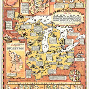 Historical Map of old Northwest Territory, Pub 1937 - Teak Wood Magnetic Hanger Frame Optional