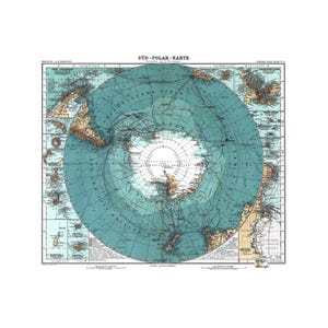 May include: Vintage map of Antarctica, titled "SUD-POLAR-KARTE," featuring a circular design with detailed landmasses and ocean routes. The map uses a palette of teal, brown, and white, with text in German. A classic piece for cartography enthusiasts.
