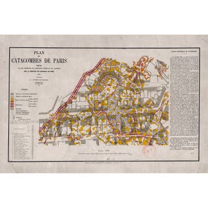 May include: A 1917 historical map titled Plan des Catacombes de Paris, featuring a detailed layout of underground tunnels with yellow, orange, and red color-coded sections, a legend, a scale bar, and a column of text on the right side.