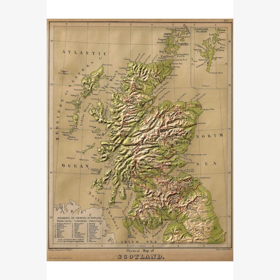 Topographic Map Of Scotland Physical Map Of Scotland Old Topographic Map Sonnenschein & | Etsy Australia