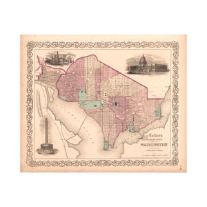 May include: An antique map titled Colton's Georgetown and the City of Washington, featuring a grid layout with pink and green shaded areas, the Potomac River, and illustrations of the Capitol building and Washington Monument within a decorative border.