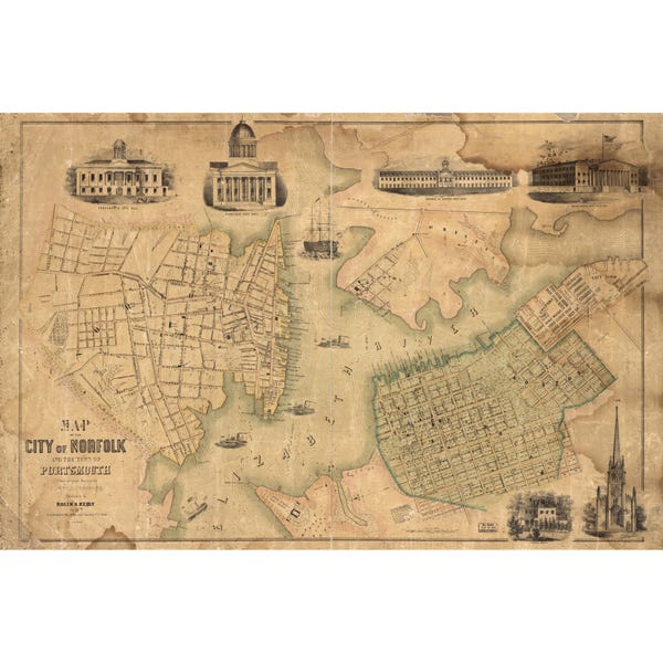 Mapa antiguo de Norfolk y Portsmouth, Virginia, de 1851, realizado por Rollin & Kelley.