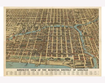 Chicago Business District Antique Map; Perspective or Birdseye Map, 1898 -  Teak Wood Magnetic Hanger Frame Optional