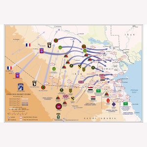 Operation Desert Storm Troop Movements Feb 24-28 1991 US Defense Mapping Agency -  Teak Wood Magnetic Hanger Frame Optional