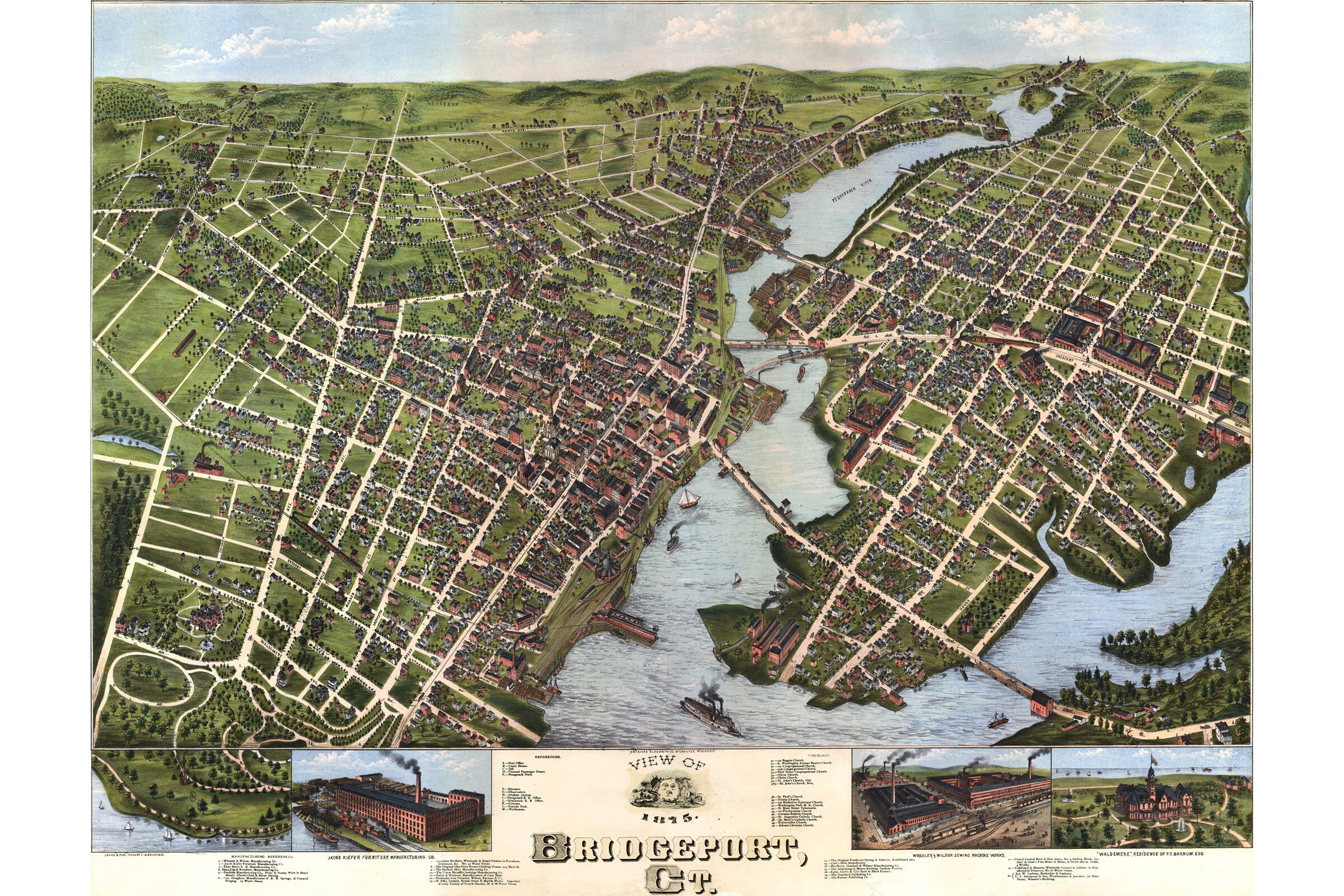Map of Bridgeport 1875 Antique Birdseye Map Custom Printed Etsy