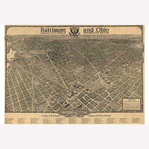 Map of Washington DC 1923 Antique Map Bird&#39;s Eye or Pictorial Map -  Teak Wood Magnetic Hanger Frame Optional