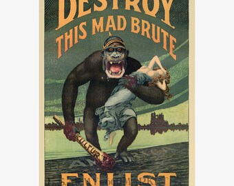 U.S. Army Recruitment Poster Destroy This Mad Brute by Hopps; Reprint - Teak Wood Magnetic Hanger Frame Optional