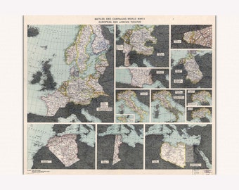 Segunda Guerra Mundial; Mapa de Teatros Europeos y Africanos; Mapa histórico, 1945 - Marco colgante magnético de madera de teca opcional