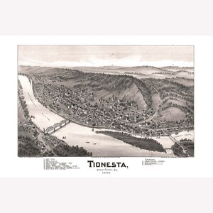 Tionesta, Forest County, PA. Antique Birdseye Map; 1896 -  Teak Wood Magnetic Hanger Frame Optional