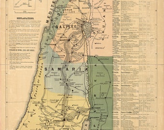 Journeys of Jesus on Map of Palestine; Andrew Pearce Stout, 1881 - Teak Wood Magnetic Hanger Frame Optional